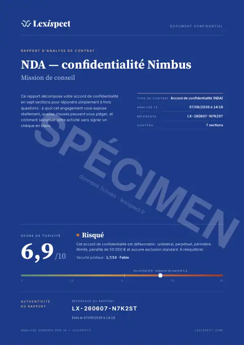 Première page du rapport Accord de confidentialité (NDA)