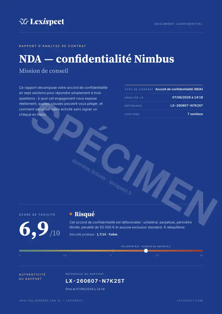 Page 1 du rapport Accord de confidentialité (NDA), spécimen