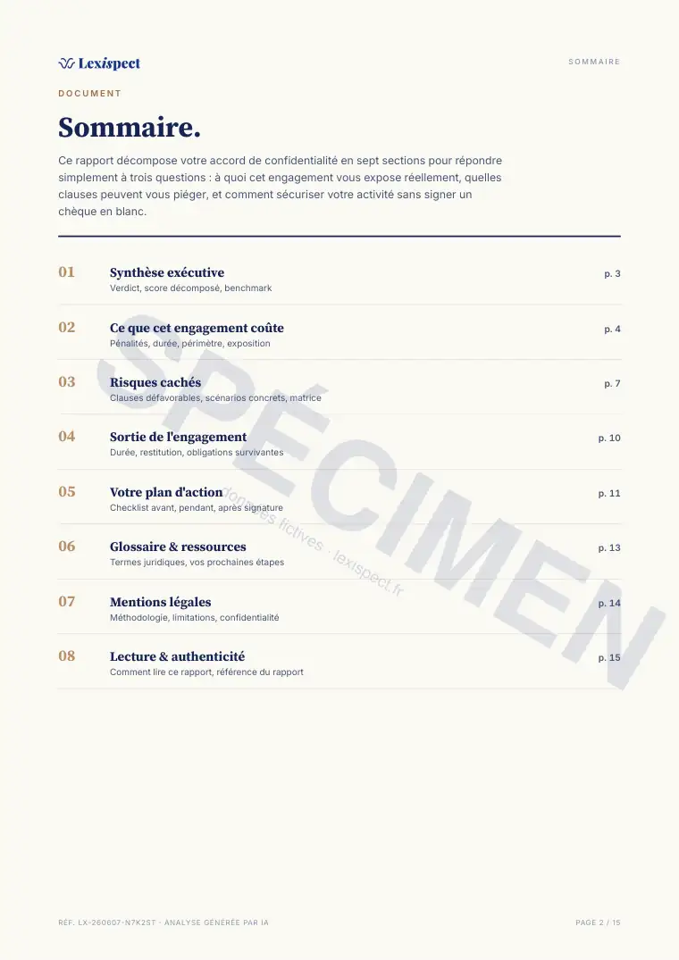 Page 2 du rapport Accord de confidentialité (NDA), spécimen