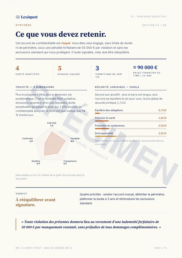 Page 3 du rapport Accord de confidentialité (NDA), spécimen