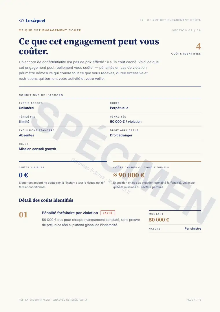 Page 4 du rapport Accord de confidentialité (NDA), spécimen