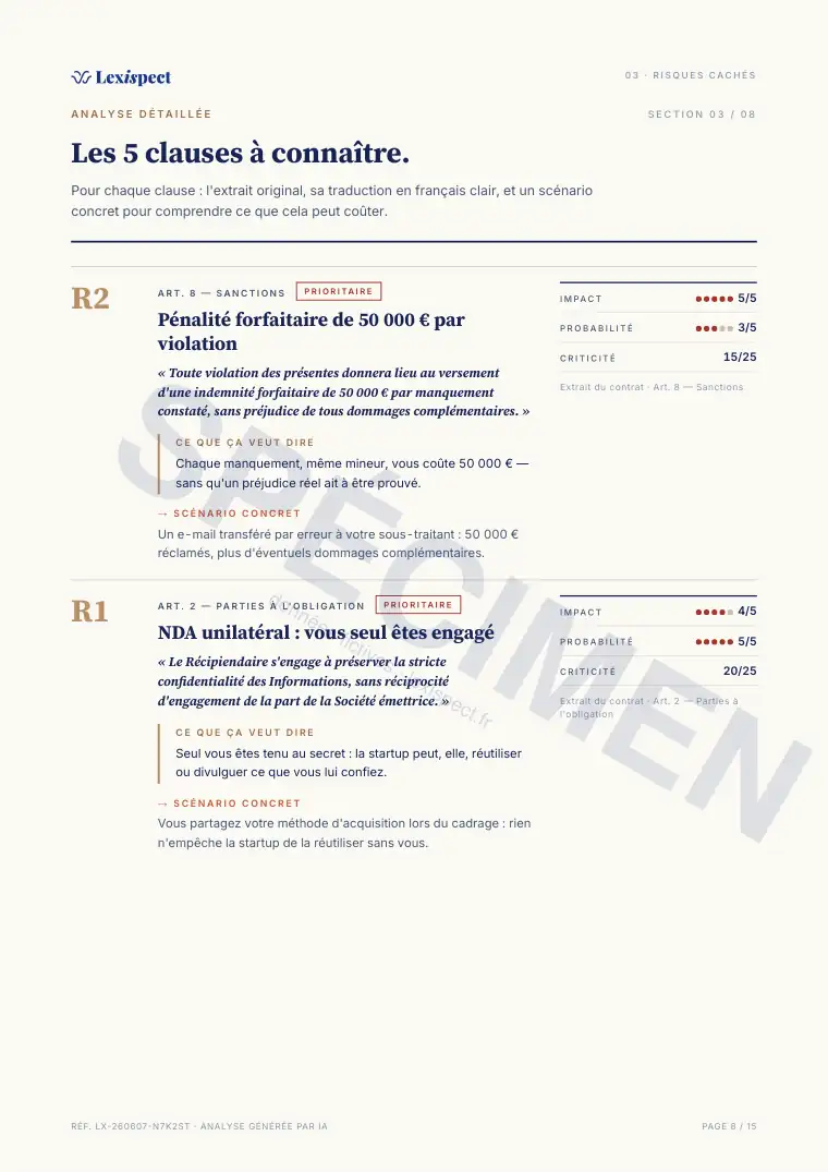 Page 8 du rapport Accord de confidentialité (NDA), spécimen