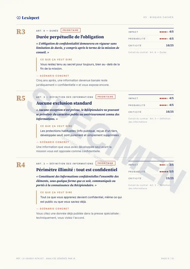 Page 9 du rapport Accord de confidentialité (NDA), spécimen