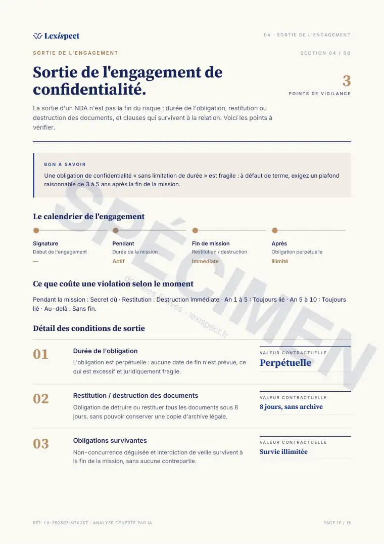 Page 10 du rapport Accord de confidentialité (NDA), spécimen
