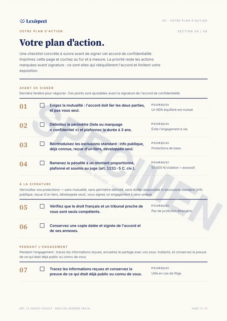 Page 11 du rapport Accord de confidentialité (NDA), spécimen
