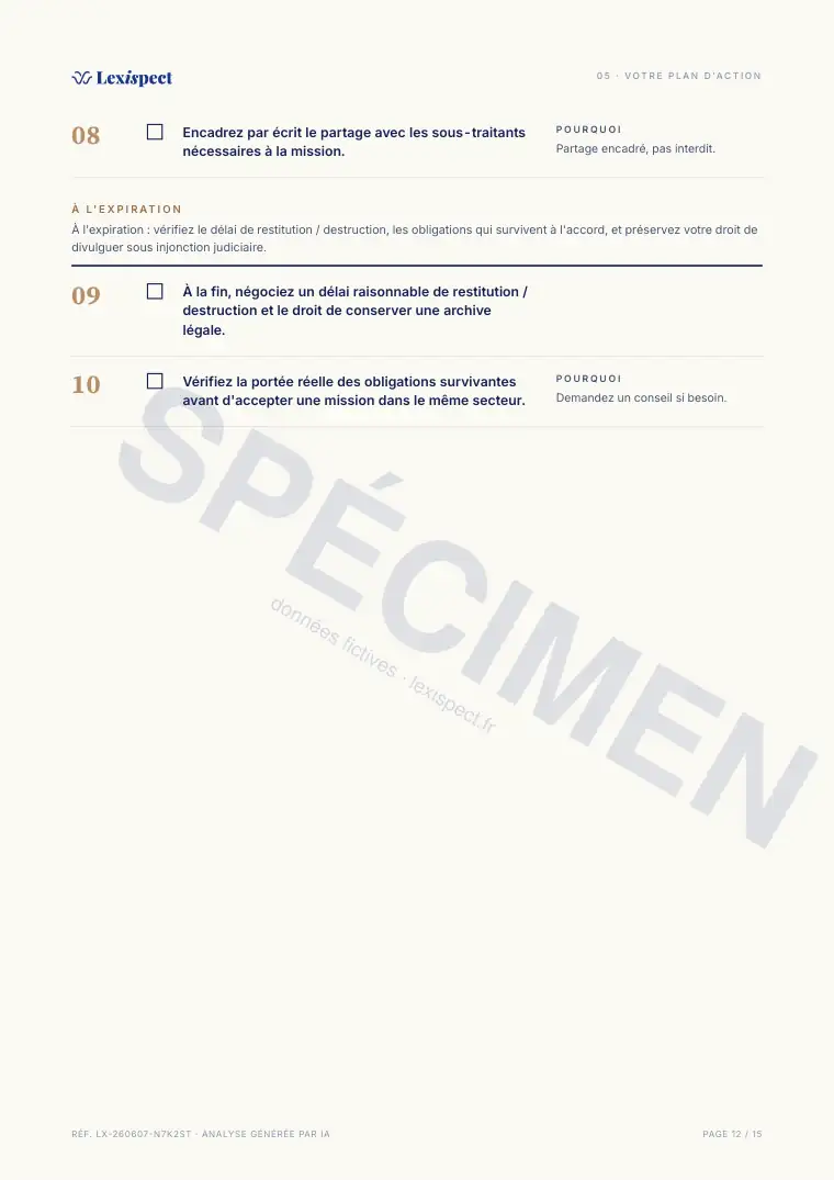 Page 12 du rapport Accord de confidentialité (NDA), spécimen