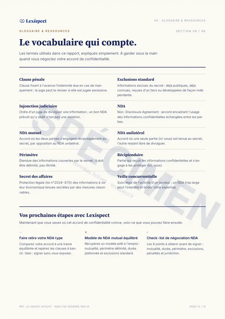 Page 13 du rapport Accord de confidentialité (NDA), spécimen