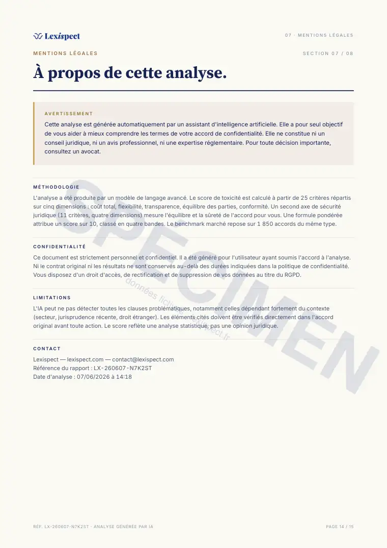 Page 14 du rapport Accord de confidentialité (NDA), spécimen