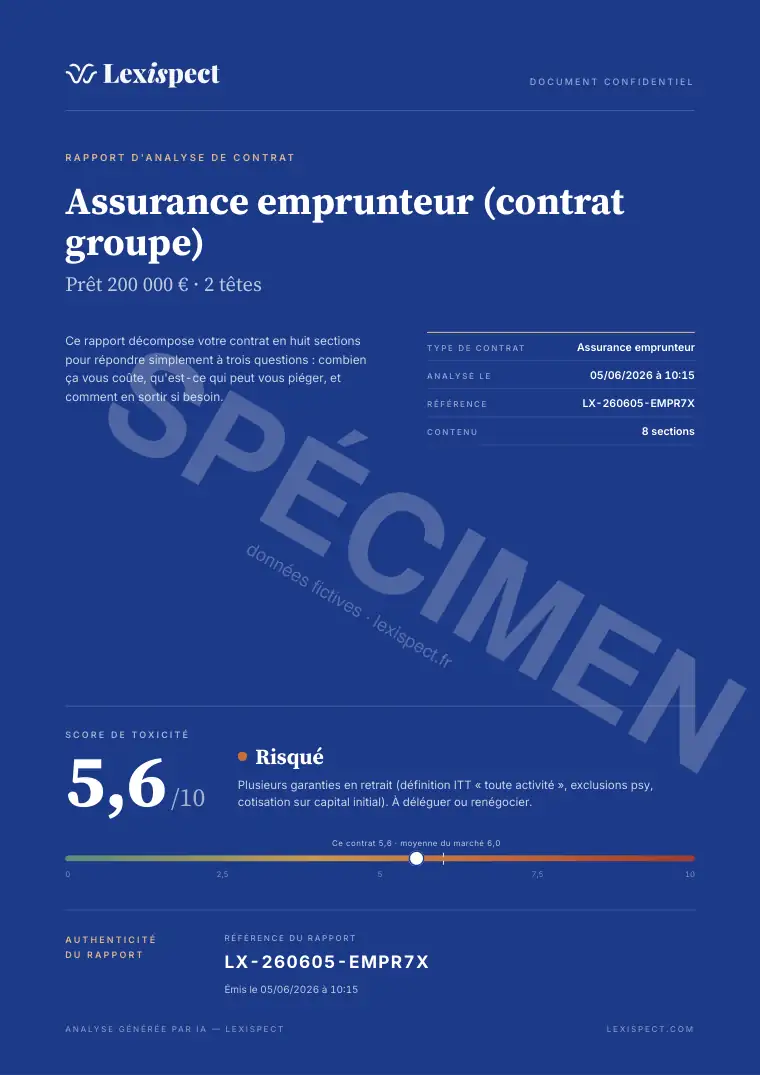 Page 1 du rapport Assurance emprunteur (ADI), spécimen
