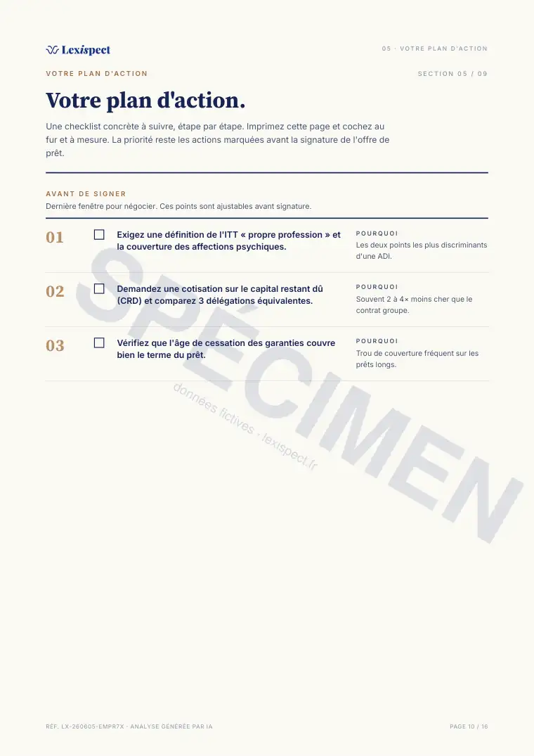 Page 10 du rapport Assurance emprunteur (ADI), spécimen