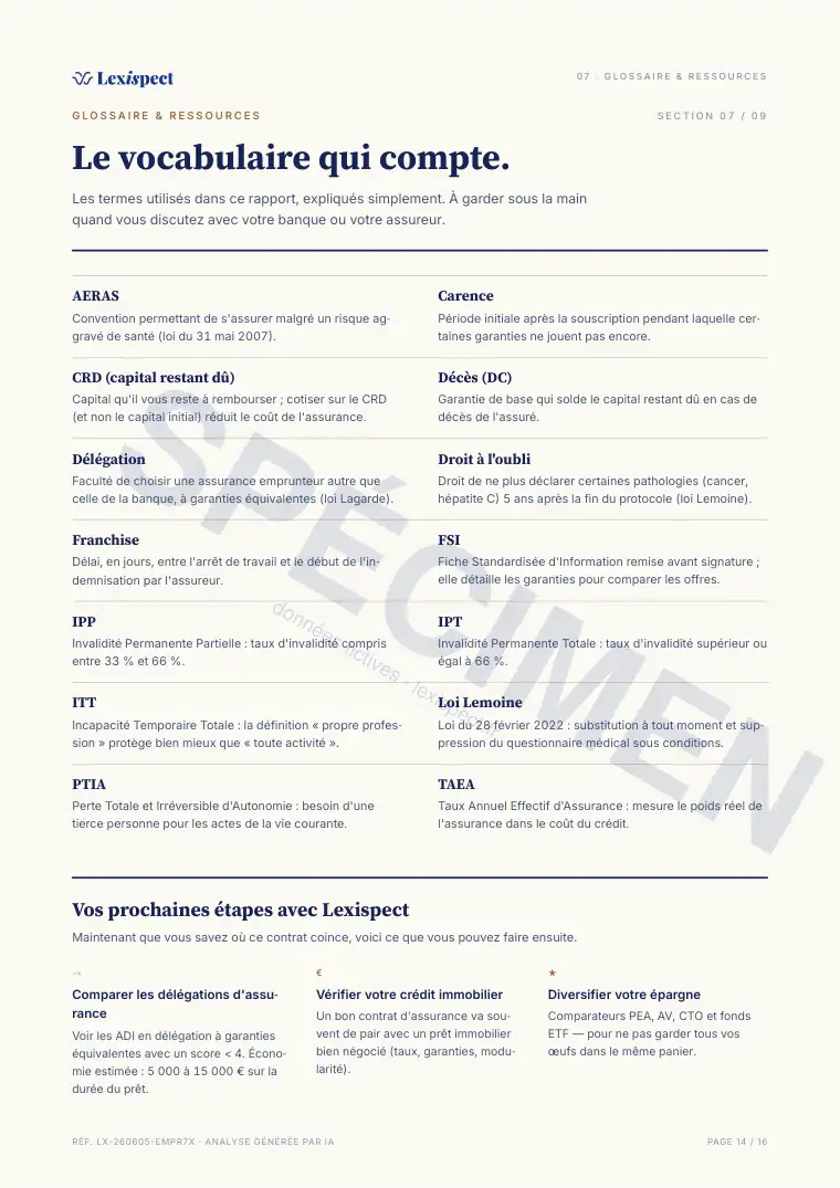 Page 14 du rapport Assurance emprunteur (ADI), spécimen