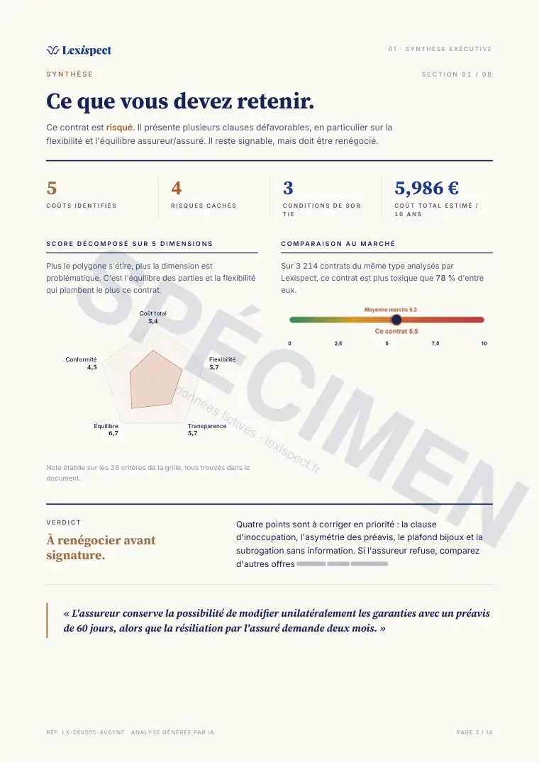 Page 3 du rapport Assurance de biens (habitation, MRH), spécimen