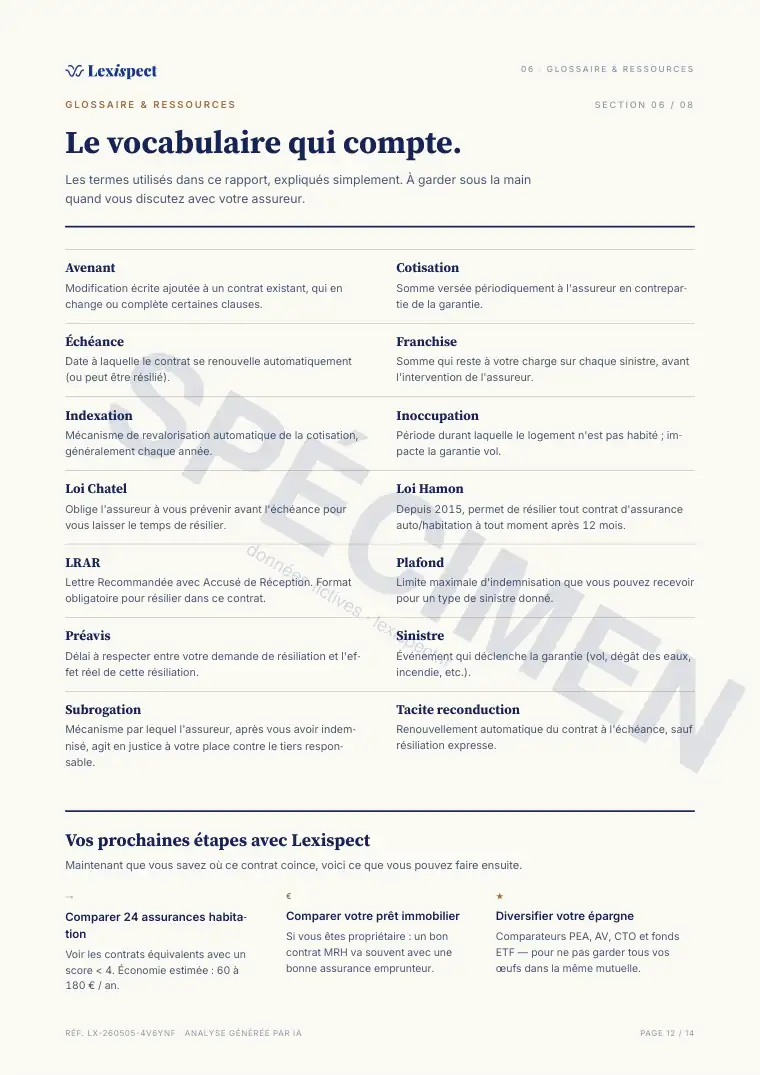 Page 12 du rapport Assurance de biens (habitation, MRH), spécimen