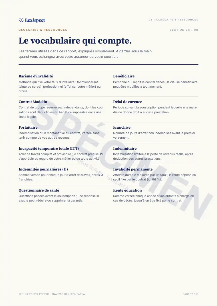 Page 12 du rapport Prévoyance, spécimen