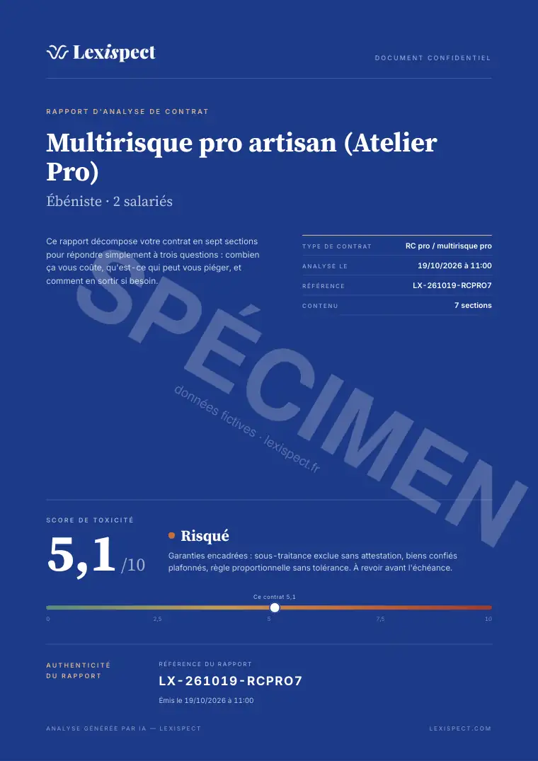 Page 1 du rapport RC pro / multirisque pro, spécimen