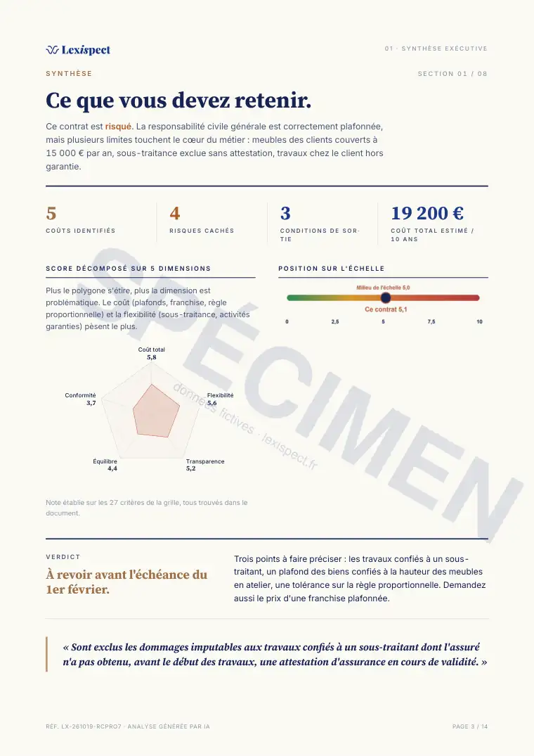 Page 3 du rapport RC pro / multirisque pro, spécimen