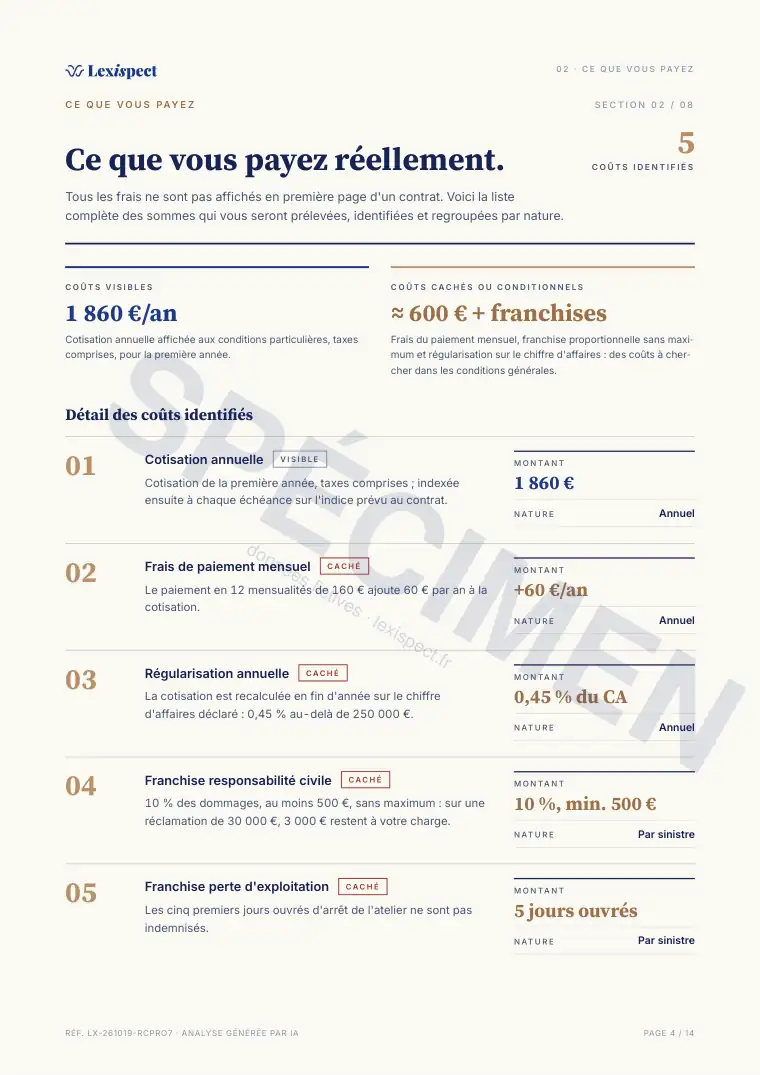 Page 4 du rapport RC pro / multirisque pro, spécimen