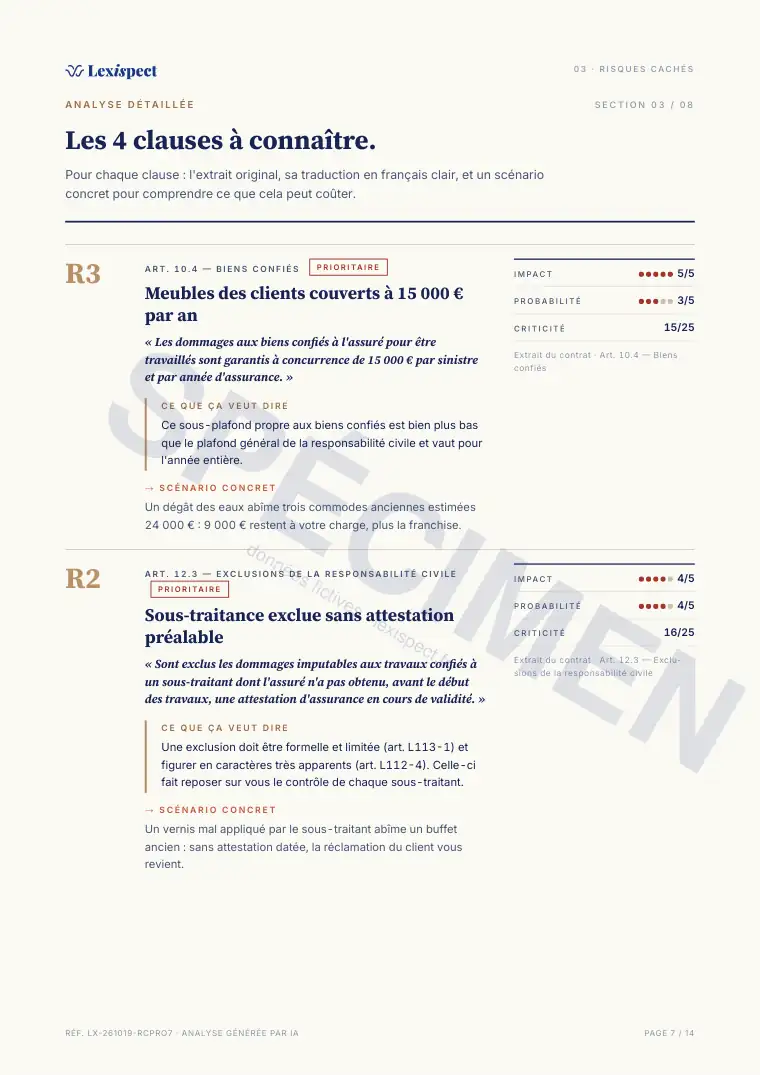 Page 7 du rapport RC pro / multirisque pro, spécimen