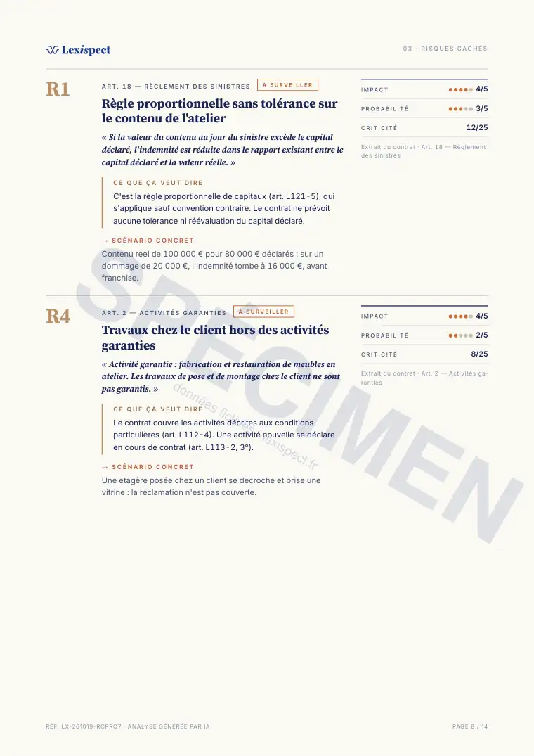 Page 8 du rapport RC pro / multirisque pro, spécimen