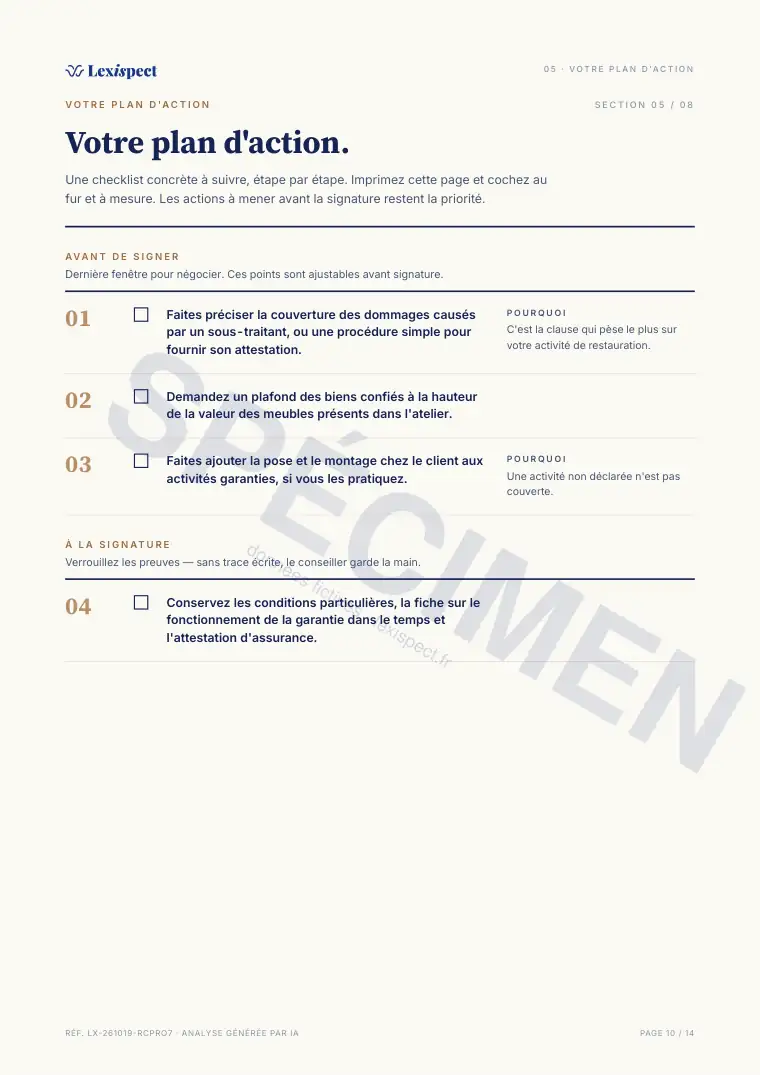 Page 10 du rapport RC pro / multirisque pro, spécimen