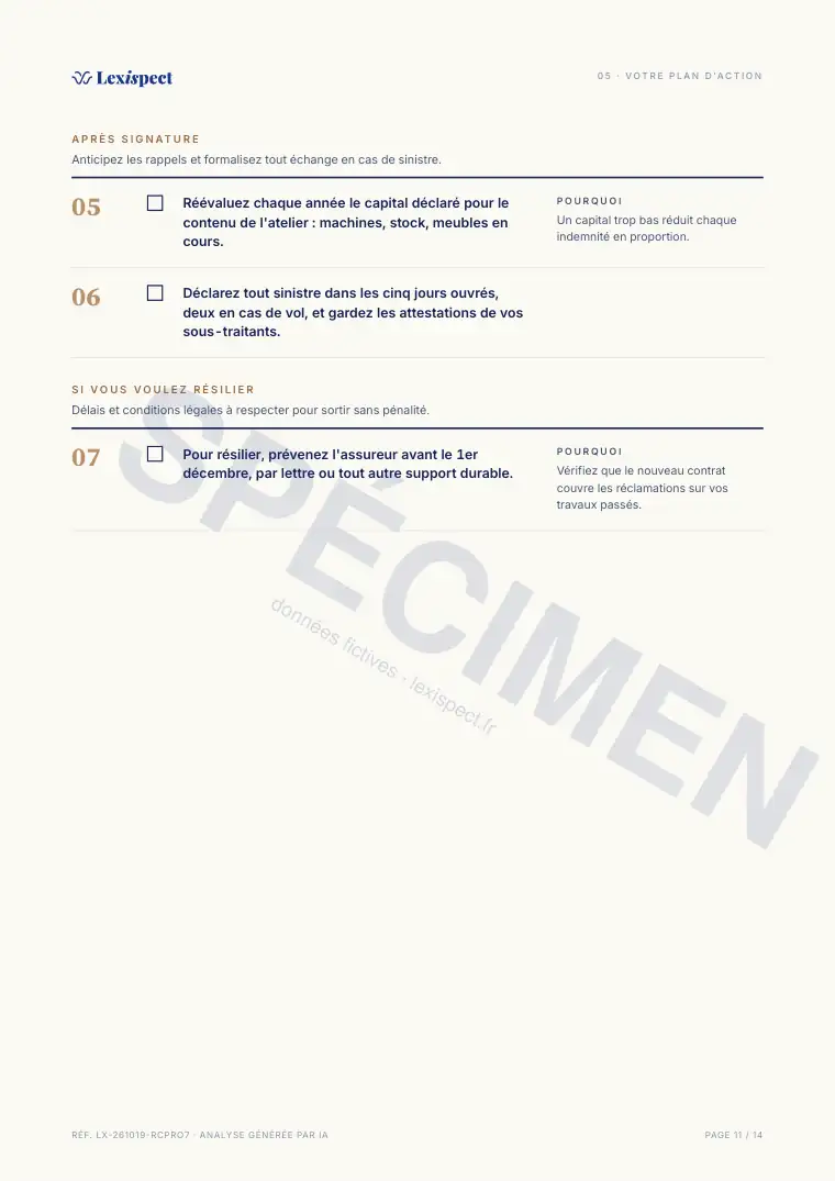 Page 11 du rapport RC pro / multirisque pro, spécimen