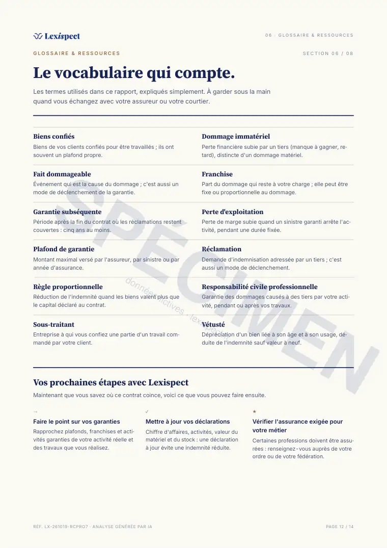 Page 12 du rapport RC pro / multirisque pro, spécimen