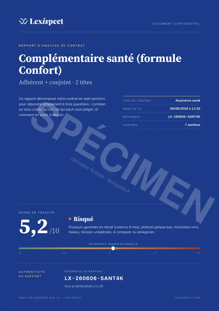 Page 1 du rapport Assurance santé (mutuelle), spécimen