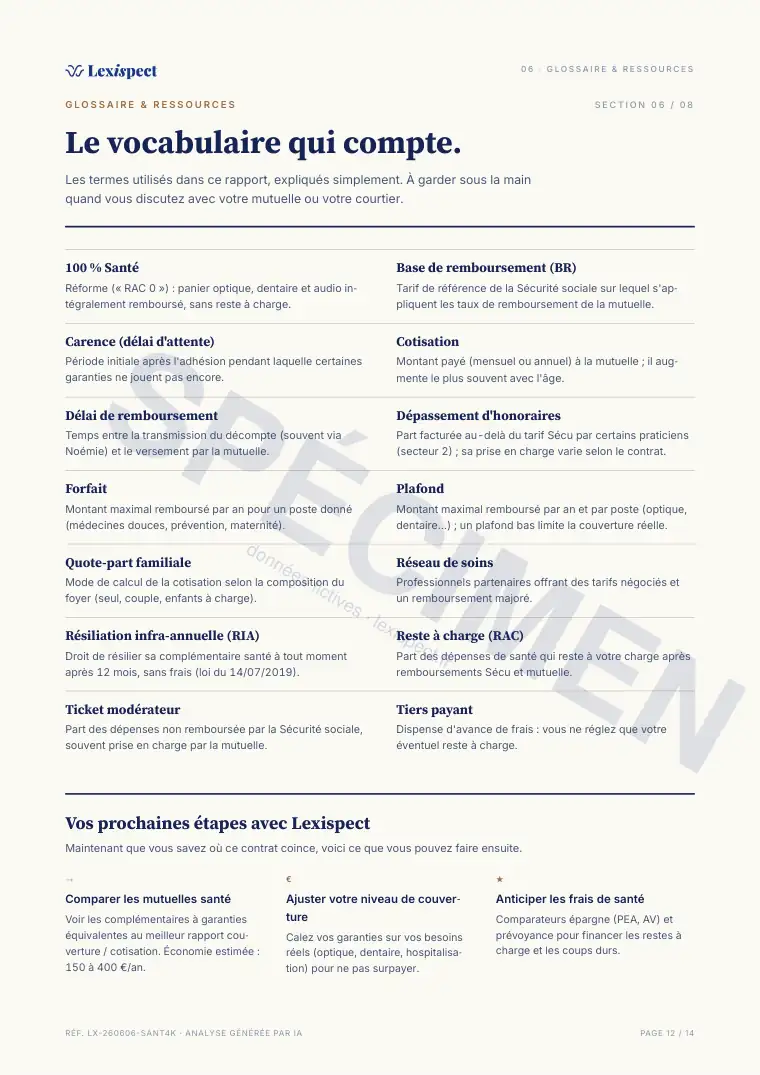 Page 12 du rapport Assurance santé (mutuelle), spécimen