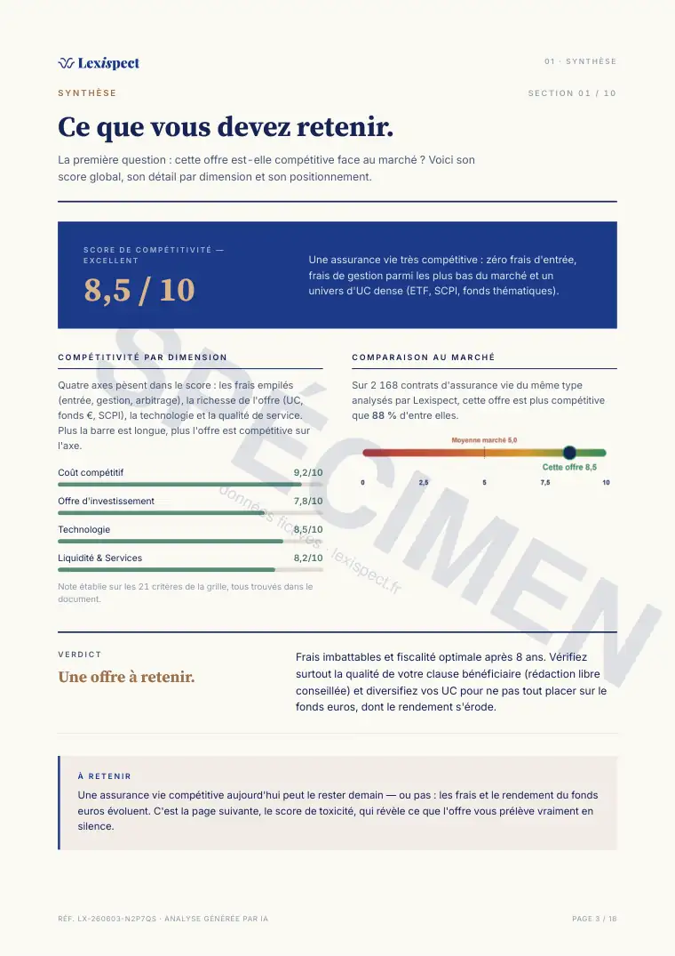Page 3 du rapport Assurance vie (multi-supports), spécimen