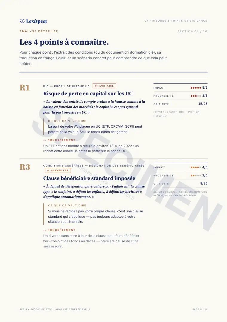 Page 8 du rapport Assurance vie (multi-supports), spécimen