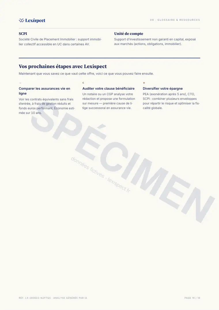 Page 16 du rapport Assurance vie (multi-supports), spécimen