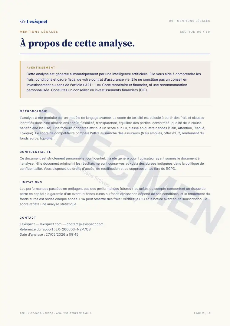Page 17 du rapport Assurance vie (multi-supports), spécimen