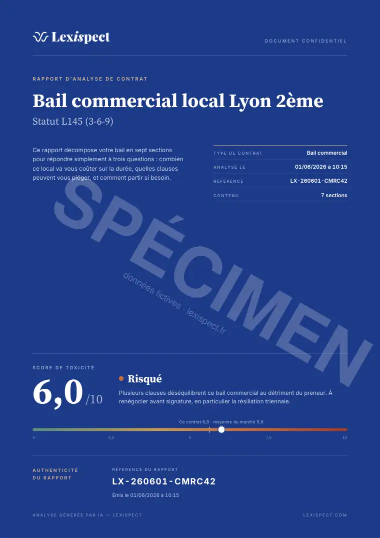 Page 1 du rapport Bail commercial (statut 3-6-9, L145), spécimen