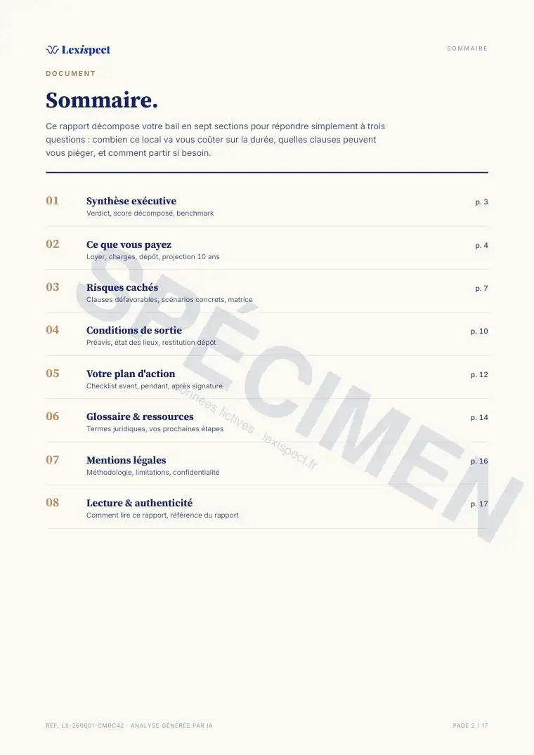 Page 2 du rapport Bail commercial (statut 3-6-9, L145), spécimen