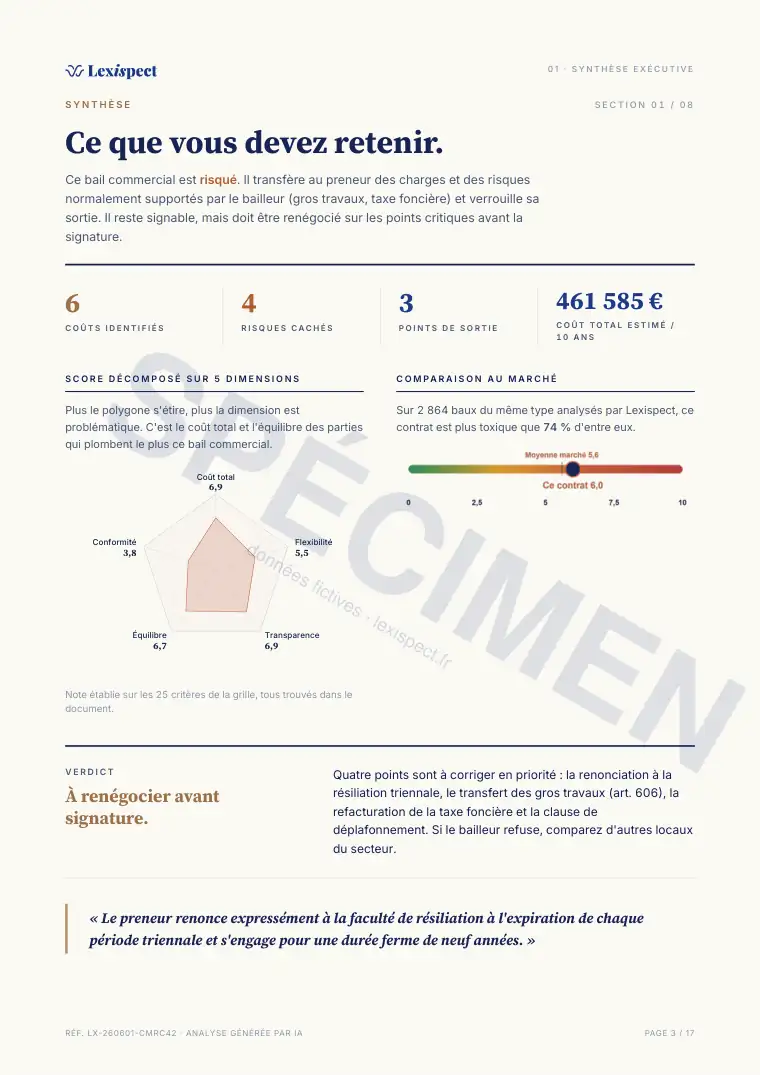 Page 3 du rapport Bail commercial (statut 3-6-9, L145), spécimen