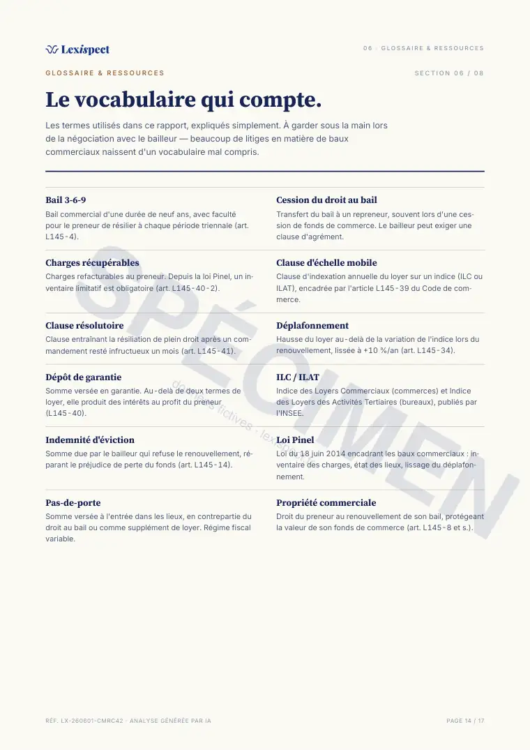 Page 14 du rapport Bail commercial (statut 3-6-9, L145), spécimen