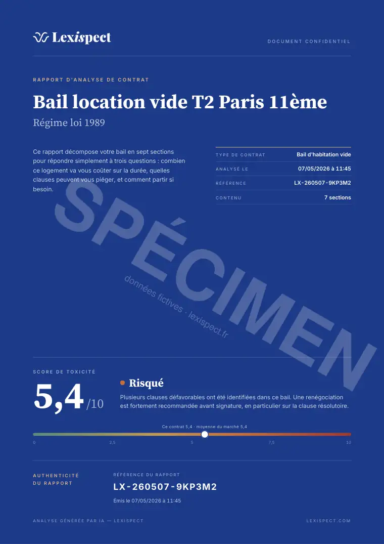 Page 1 du rapport Bail d'habitation (location vide ou meublée), spécimen