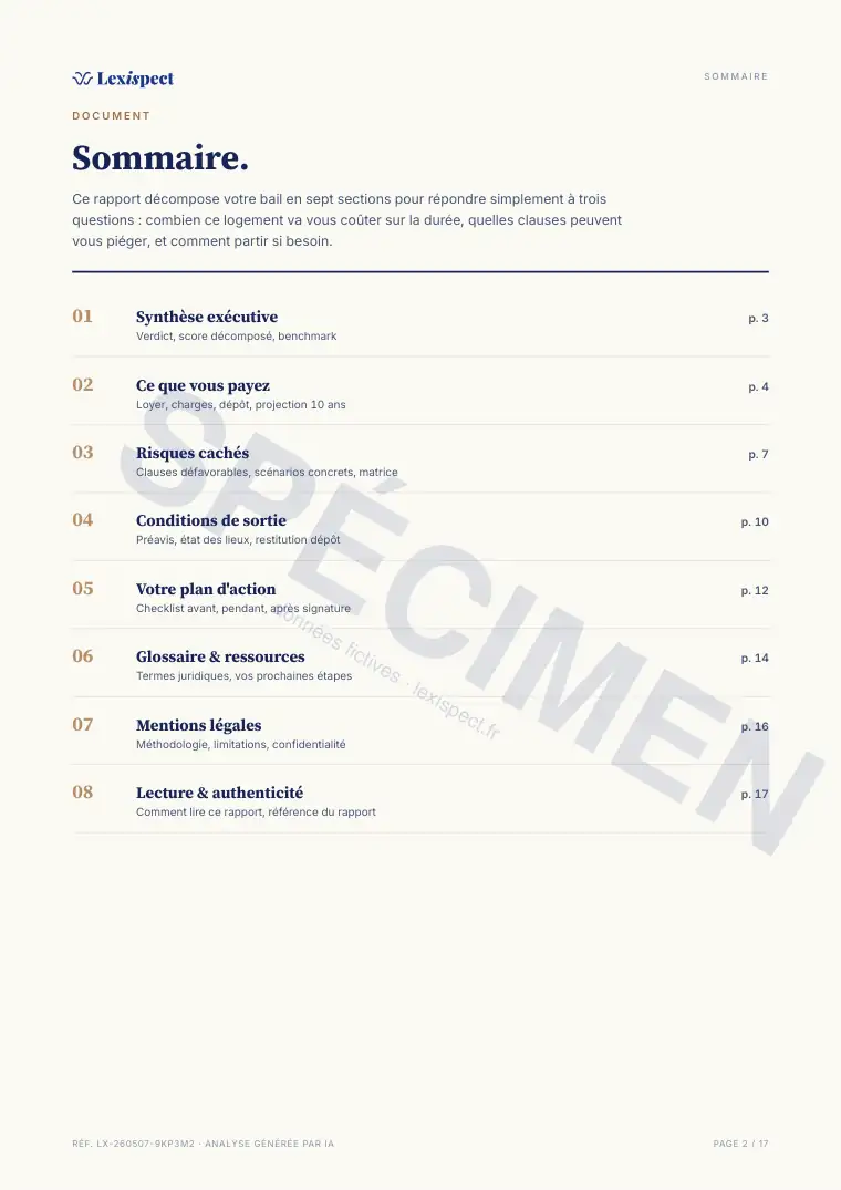 Page 2 du rapport Bail d'habitation (location vide ou meublée), spécimen