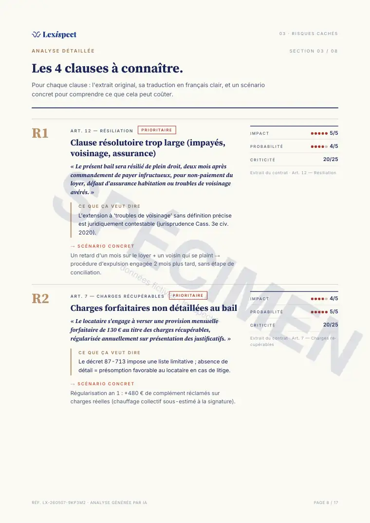 Page 8 du rapport Bail d'habitation (location vide ou meublée), spécimen