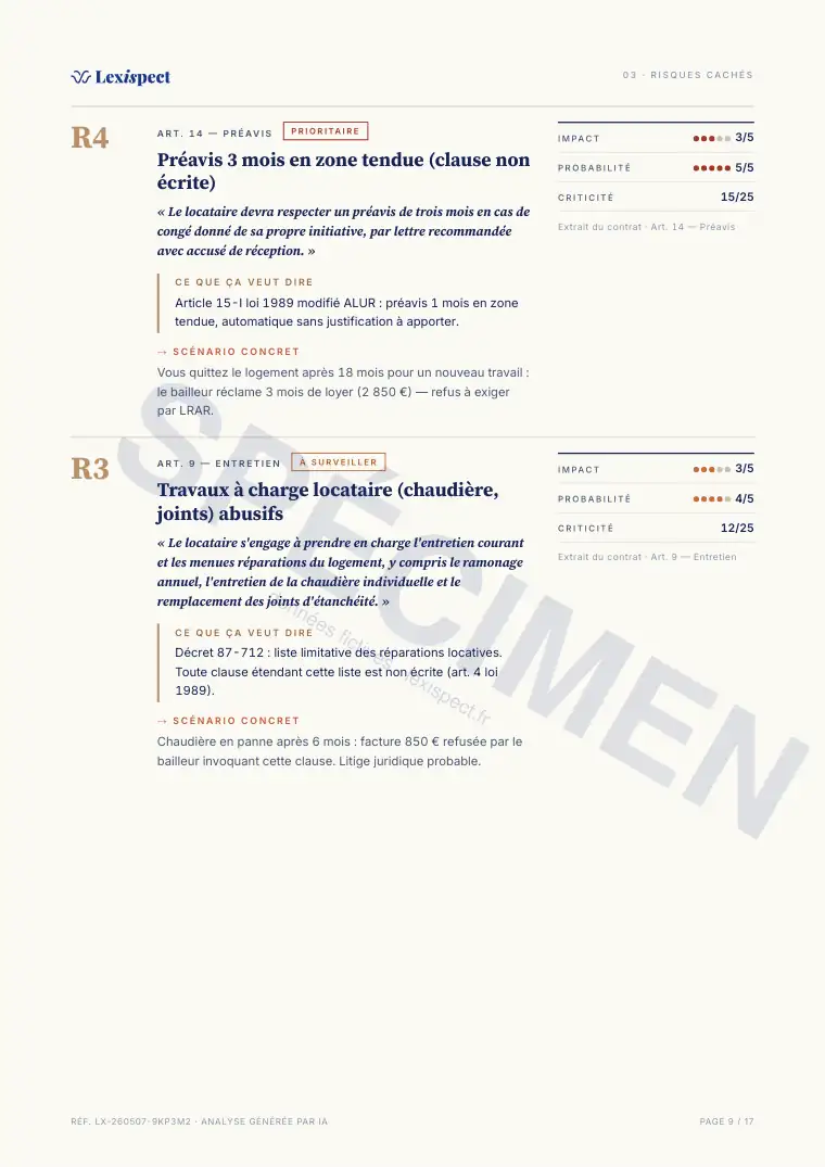 Page 9 du rapport Bail d'habitation (location vide ou meublée), spécimen