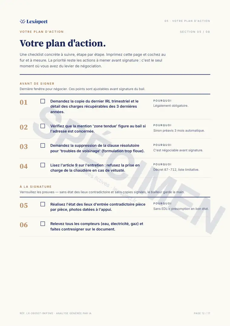 Page 12 du rapport Bail d'habitation (location vide ou meublée), spécimen