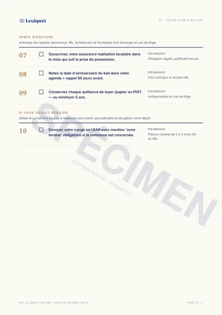 Page 13 du rapport Bail d'habitation (location vide ou meublée), spécimen