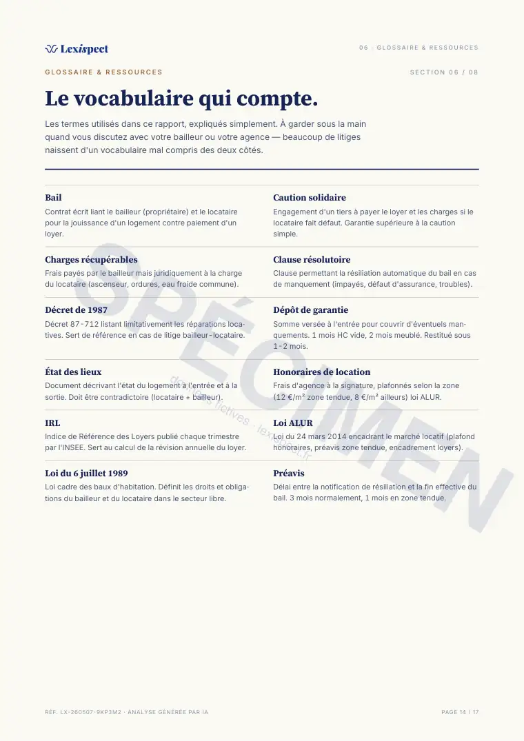 Page 14 du rapport Bail d'habitation (location vide ou meublée), spécimen