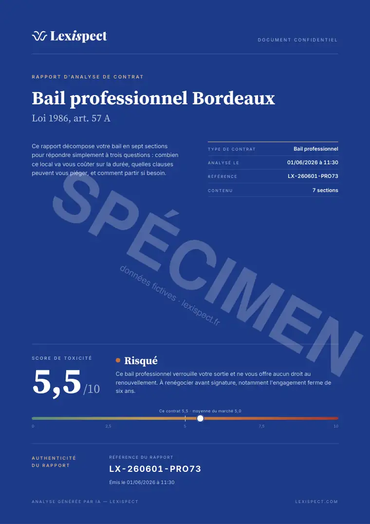 Page 1 du rapport Bail professionnel (professions libérales, art. 57 A), spécimen