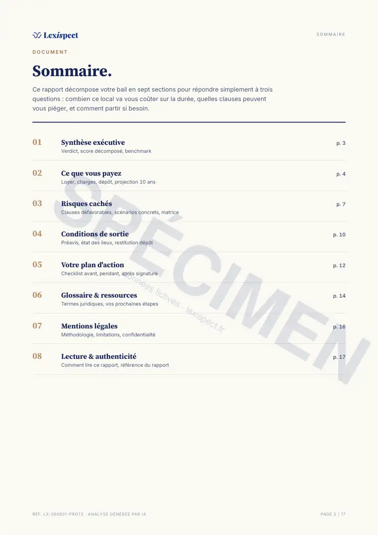 Page 2 du rapport Bail professionnel (professions libérales, art. 57 A), spécimen