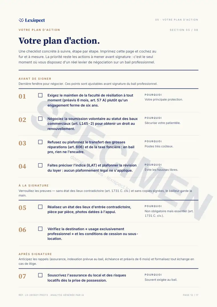 Page 12 du rapport Bail professionnel (professions libérales, art. 57 A), spécimen