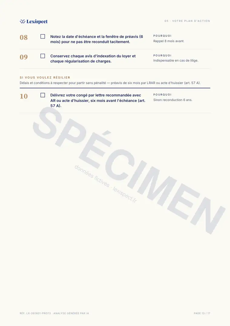 Page 13 du rapport Bail professionnel (professions libérales, art. 57 A), spécimen