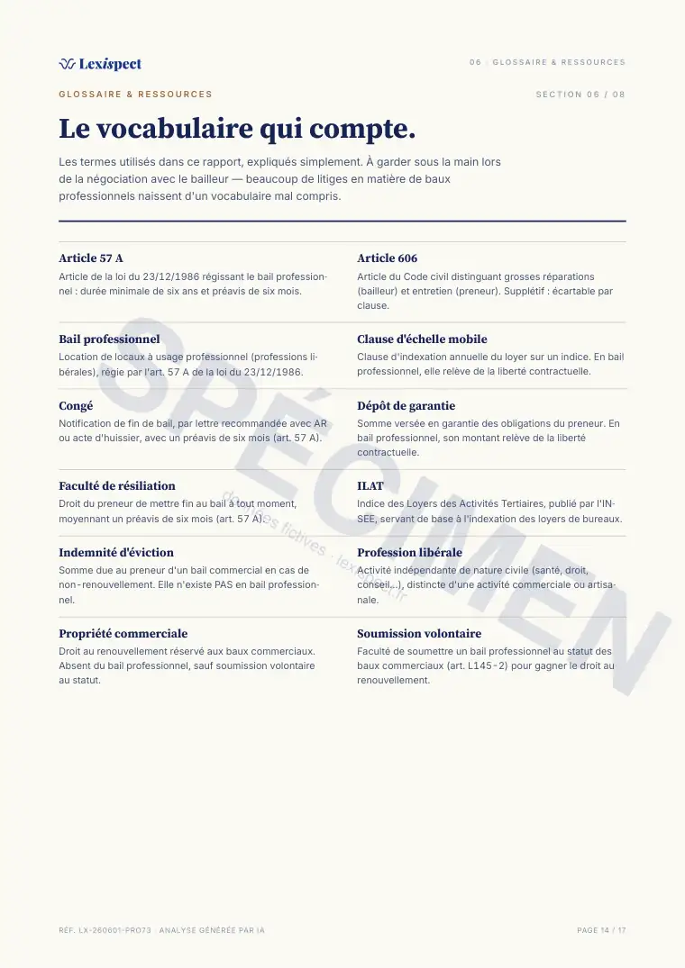 Page 14 du rapport Bail professionnel (professions libérales, art. 57 A), spécimen