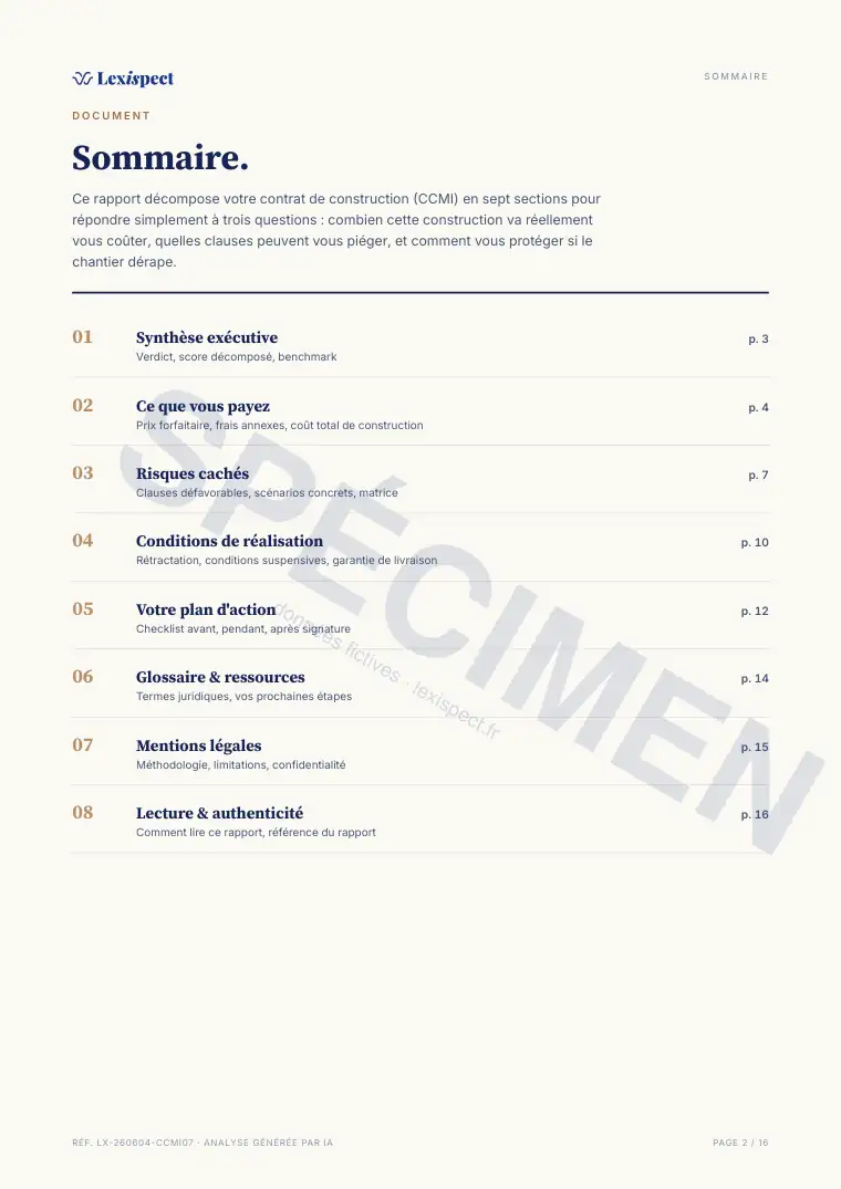 Page 2 du rapport Contrat de construction de maison individuelle (CCMI), spécimen