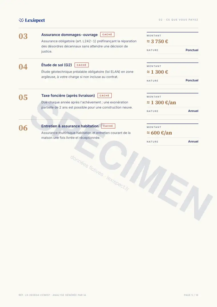 Page 5 du rapport Contrat de construction de maison individuelle (CCMI), spécimen